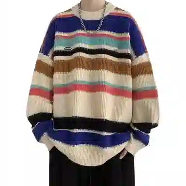 大卫贝肯 美式复古拼色条纹设计打底长袖上衣高级感潮流运动休闲百搭慵懒感学院风圆领毛衣 男女同款