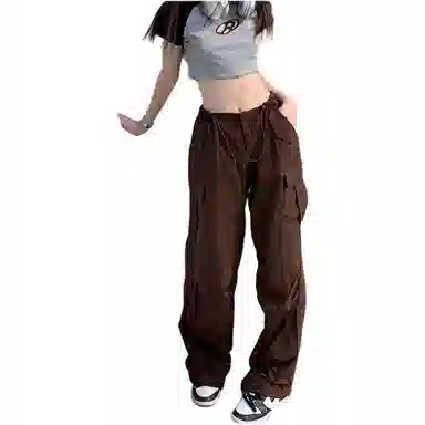 沐晓欣 复古工装舒适时尚宽松阔腿裤休闲裤 女款 深棕色