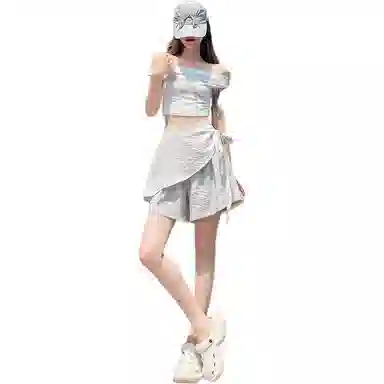丝絮丝绸 高级感两片式蕾丝阔腿女高腰冰丝设计感气质裤五分裤休闲短裤 女款