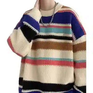 大卫贝肯 美式复古拼色条纹设计打底长袖上衣高级感潮流运动休闲百搭慵懒感学院风圆领毛衣 男女同款