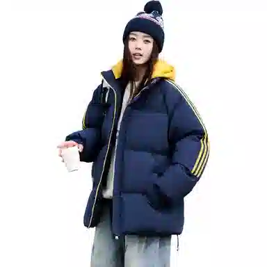 洋气先生 洋气潮牌美式高街简约纯色基础撞色拼接痞帅防风无性别主义保暖抗寒舒适柔软宽松面包连帽户外通勤拉链长袖外套棉服 男女同款