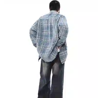 沐诚阳译 美式复古晕染格子慵懒风衬衣外套潮长袖衬衫 男款
