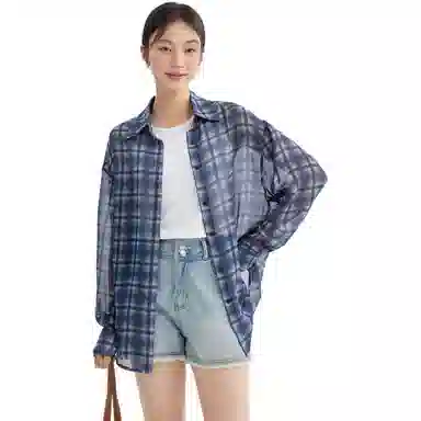 米子旗 复古格子长袖宽松叠穿慵懒薄款衬衫 女款