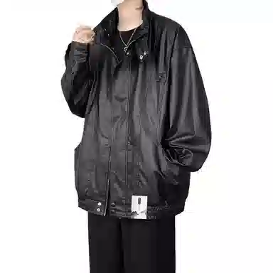 【痞帅休闲PU皮工装拉链外套】布客行 潮酷前卫时髦摩登赛博朋克叛逆霸气纯色宽松百搭个性学院风美拉德翻领设计防风防水夹克 男女同款
