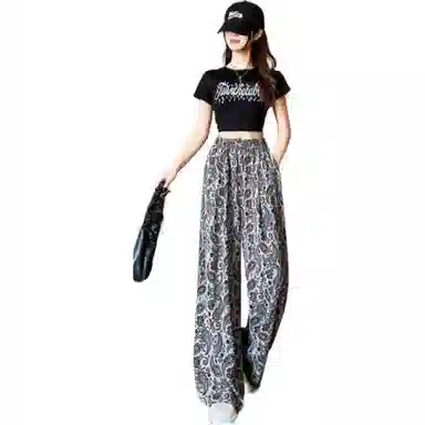 丝絮丝绸 夏季高级感印花高腰冰丝窄版阔腿裤女垂感直筒宽松拖地长裤子休闲裤 女款