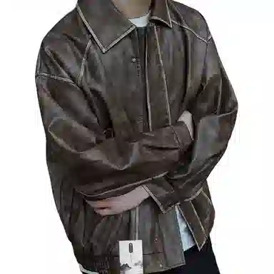 【美式复古工装机车皮衣】布客行 重磅面料拼接格纹细节打造高街感通勤小众设计水洗质感翻领宽松廓形痞帅休闲日常外套夹克 男女同款