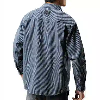 贵色 休闲百搭牛仔翻领帅气大码美式复古条纹潮流百搭叠穿蓝色长袖衬衫 男女同款