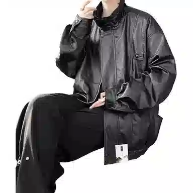 【痞帅休闲PU皮工装拉链外套】布客行 潮酷前卫时髦摩登赛博朋克叛逆霸气纯色宽松百搭个性学院风美拉德翻领设计防风防水夹克 男女同款