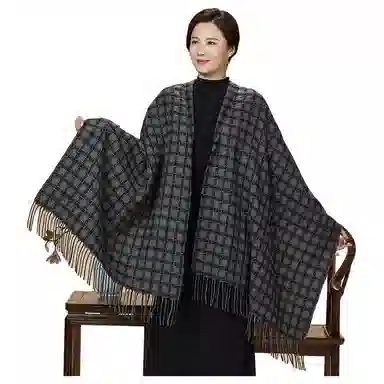 恒源祥 黑灰格加银丝多臂轻缩 山羊绒 披肩 女款