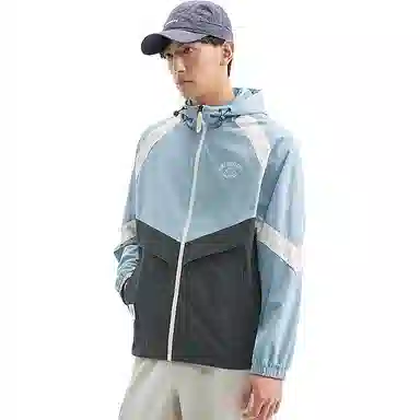 特步 运动生活系列篮球系列 拼色字母拉链连帽舒适透气百搭宽松风衣 男款 烽烟蓝/牛角灰/山月白