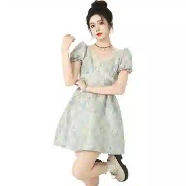 美丽衣橱 高腰套头碎花短袖连衣裙 女款 蓝色