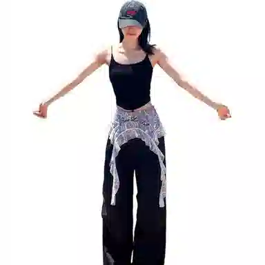 虫小绿 美式潮流复古辣妹高腰拼接蕾丝刺绣阔腿裤褶皱拖地宽松版型小众设计遮肉显瘦休闲裤工装裤 男女同款