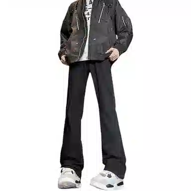 八哥 美式复古高街【弯刀黑牛】简约基础款水洗做旧中腰系带修身纯色直筒阔腿百搭弹力黄泥染薄款微喇牛仔裤 男女同款