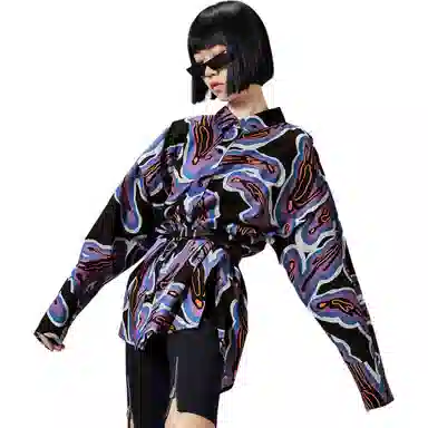 中国李宁 运动时尚系列 满印休闲翻领长袖衬衫 女款 彩色