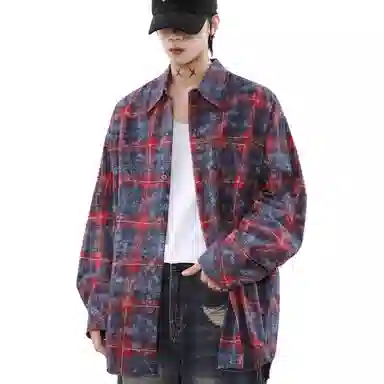 沐诚阳译 美式复古晕染格子慵懒风衬衣外套潮长袖衬衫 男款
