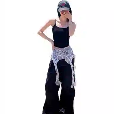 虫小绿 美式潮流复古辣妹高腰拼接蕾丝刺绣阔腿裤褶皱拖地宽松版型小众设计遮肉显瘦休闲裤工装裤 男女同款