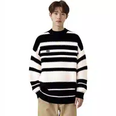大卫贝肯 美式复古拼色条纹设计打底长袖上衣高级感潮流运动休闲百搭慵懒感学院风圆领毛衣 男女同款