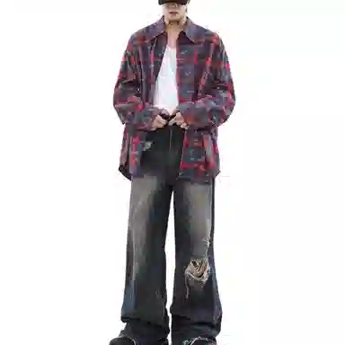 沐诚阳译 美式复古晕染格子慵懒风衬衣外套潮长袖衬衫 男款