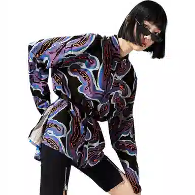 中国李宁 运动时尚系列 满印休闲翻领长袖衬衫 女款 彩色