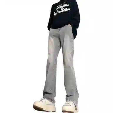 八哥 美式高街废土风不规则质感复古基础款弯刀弹力阔腿垂感百搭高级感运动舒适柔软个性简约微喇牛仔裤 男女同款