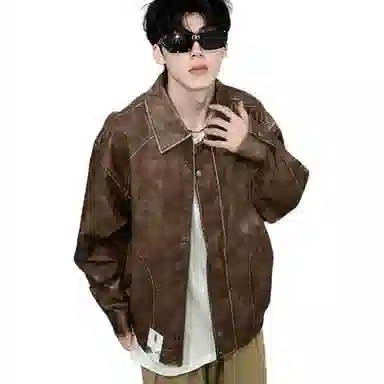 布客行 【复古废土风做旧拉链皮衣】酷飒不羁狂野硬朗摇滚机车叛逆霸气有型水洗质感翻领宽松廓形风格高级感日常夹克 男女同款