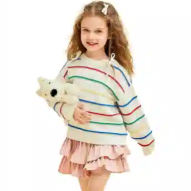 青蛙王子 圆领舒适条纹简约长袖毛衣 花米白 儿童款