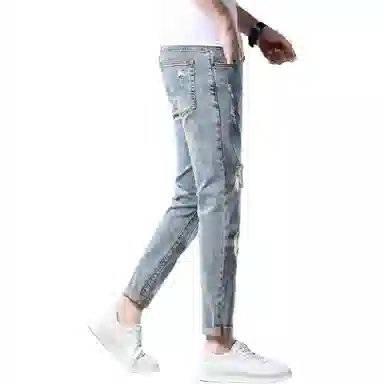 吉肯蒂 夏季薄款欧版男牛仔裤子破洞乞丐裤浅色修身弹力九分 男款