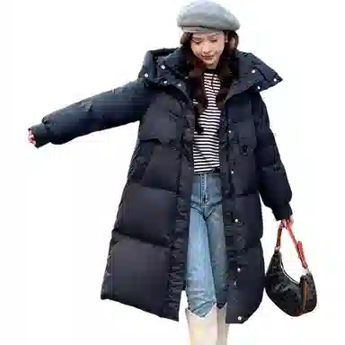 鸭鸭 鸭绒简约时尚通勤保暖蓬松纯色舒适休闲连帽中长款外套羽绒服 女款