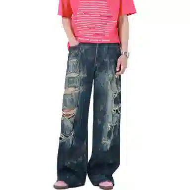 洞洞拐 脏染割烂破洞男款高街宽松痞帅青少年水洗直筒裤子设计垂感牛仔裤 男女同款
