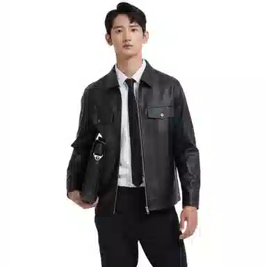 古鲨 工装风潮流翻领高级颗粒纹痞帅直筒外套皮衣 男款