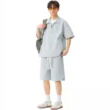 哲源 美式高街潮流翻领半开拉链设计速干冰感套头短袖宽松直筒透气百搭通勤五分裤休闲运动套装 男女同款