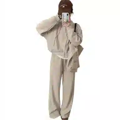 轻迎 韩系加绒立领卫衣慵懒宽松设计感卫裤两件套潮休闲套装 女款