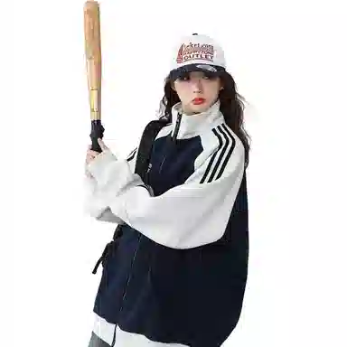 沐诚阳译 国潮条纹宽松美式复古学院卫衣开衫刺绣运动休闲秋季外套夹克 男女同款