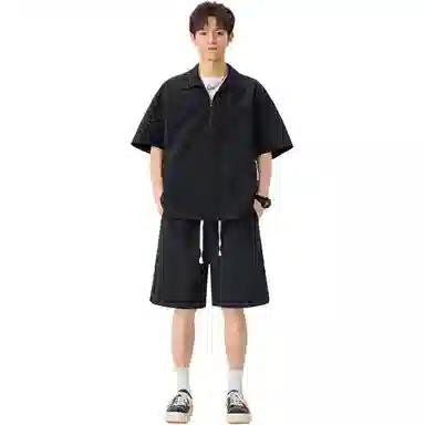哲源 美式高街潮流翻领半开拉链设计速干冰感套头短袖宽松直筒透气百搭通勤五分裤休闲运动套装 男女同款