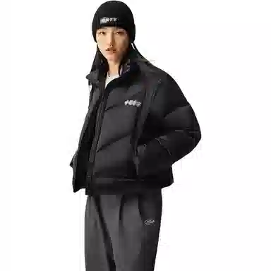 中国李宁 纯色拉链立领短款羽绒服 女款 黑色