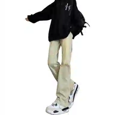 八哥 美式高街废土风不规则质感复古基础款弯刀弹力阔腿垂感百搭高级感运动舒适柔软个性简约微喇牛仔裤 男女同款