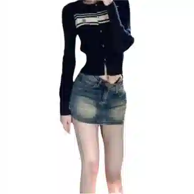 轻迎 水洗做旧斜腰辣妹牛仔女小众欧美包臀防走光半身裙夏季休闲短裙 女款