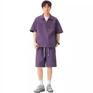 哲源 美式高街潮流翻领半开拉链设计速干冰感套头短袖宽松直筒透气百搭通勤五分裤休闲运动套装 男女同款