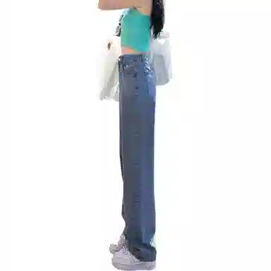 惟熙 阔腿高腰宽松垂感拖地百搭牛仔裤 女款 蓝色