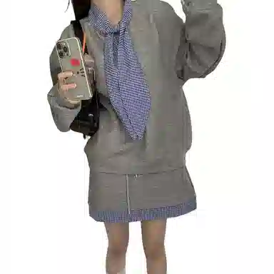 桴生 休闲风时尚简约格子系带拼接卫衣抽绳高腰包臀半身短裙两件套裙装套装 女款