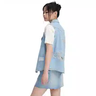 鬼洗 樱花金鱼贴布绣街头马甲牛仔外套 女款