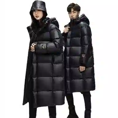 鸭鸭 黑金标奢金保暖加厚纯色过膝连帽防寒羽绒服 男女同款 黑色