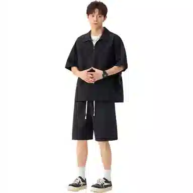 哲源 美式高街潮流翻领半开拉链设计速干冰感套头短袖宽松直筒透气百搭通勤五分裤休闲运动套装 男女同款