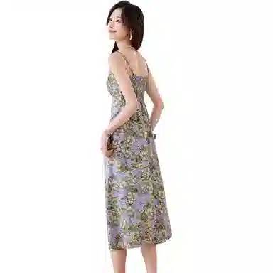 品彩 时尚穿搭海边度假风碎花沙滩裙复古收腰吊带连衣裙 女款