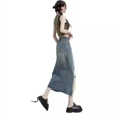 欧迪芬 美式高街设计感不规则毛边磨破垂感牛仔长裙 女款 复古蓝