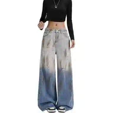 欧迪芬 美式撞色渐变水洗复古做旧休闲舒适百搭牛仔裤 女款 浅蓝