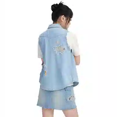 鬼洗 樱花金鱼贴布绣街头马甲牛仔外套 女款