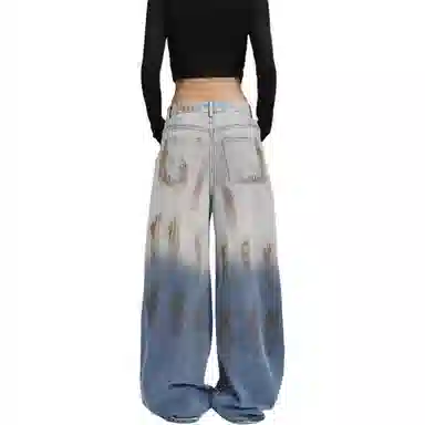 欧迪芬 美式撞色渐变水洗复古做旧休闲舒适百搭牛仔裤 女款 浅蓝