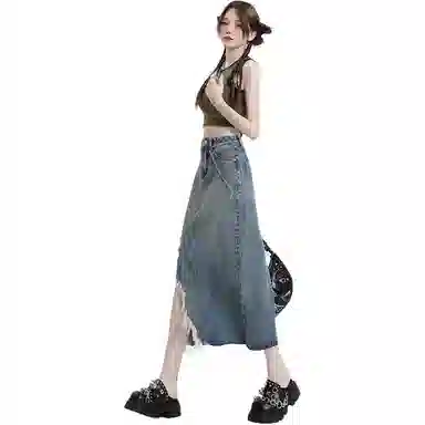 欧迪芬 美式高街设计感不规则毛边磨破垂感牛仔长裙 女款 复古蓝