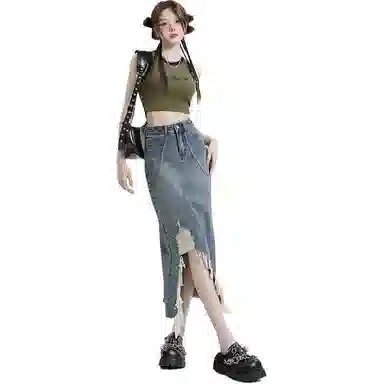 欧迪芬 美式高街设计感不规则毛边磨破垂感牛仔长裙 女款 复古蓝